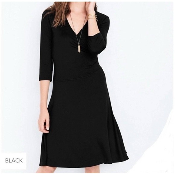 Garnet Hill Brianna Surplice Knit Faux Wrap Dress 3/4 Sleeve Black Size Small - Picture 1 of 15
